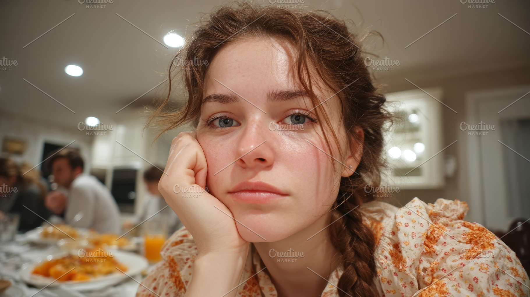 Young woman with thoughtful expression sitting at a family dinner table, a Photo by AS photostudio