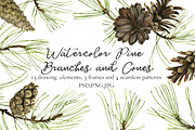 Watercolor Pine Branches and Cones, a Decorative Illustration by cat_arch_angel (Thumbnail 1 of 5)