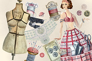 Watercolor vintage sewing kit, an Illustration by AkvarelRiver (Thumbnail 5 of 15)