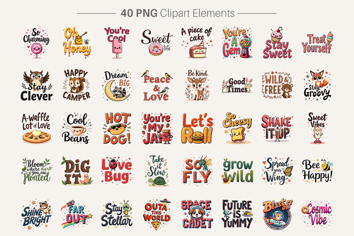 Retro Kawaii Quote Clipart Bundle, an Illustration by Artnoy (Photo 2 of 8)
