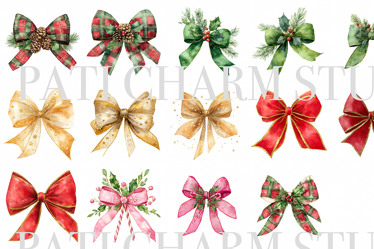 16 Christmas Bows Clipart, a Decorative Illustration by Pati Charm Studio (Photo 2 of 8)