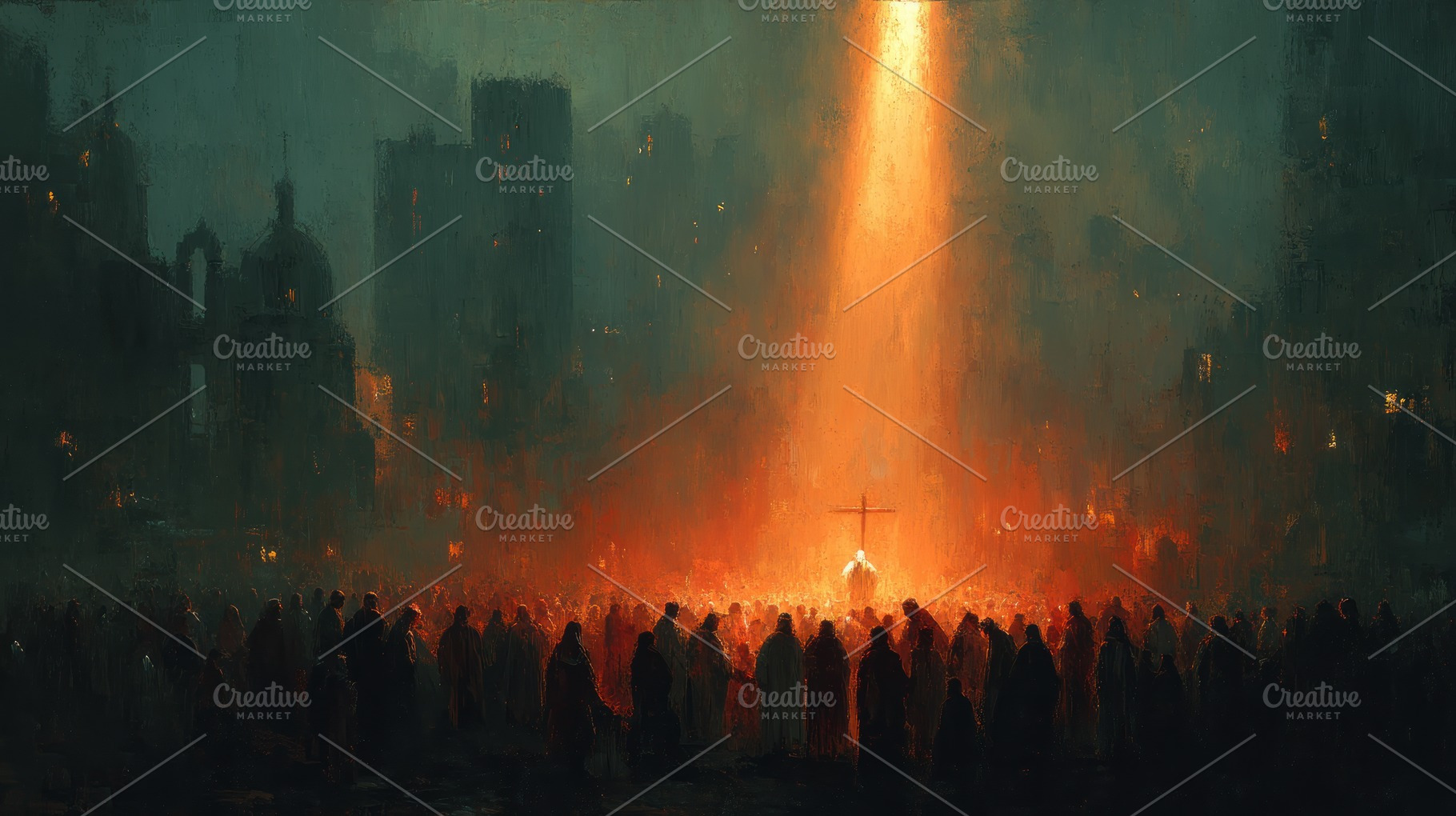 Crowd gathered in dark city before glowing cross under dramatic, a Person Photo by José Manuel Gelpi
