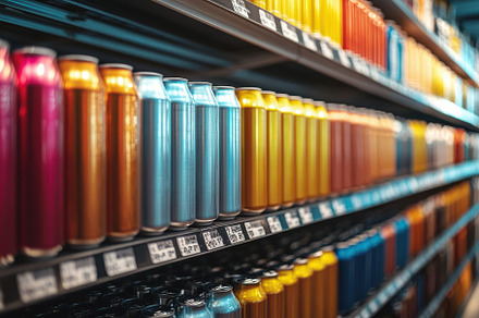 Colorful cans on supermarket shelves, a Background Photo by Pixeness