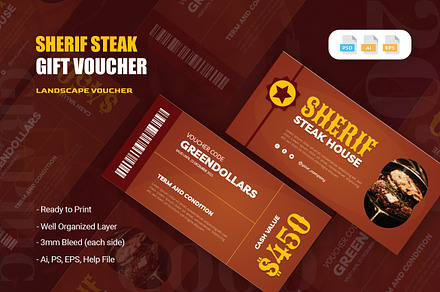 Sherif Steak Gift Voucher, a Business Card Template by AQR Studio