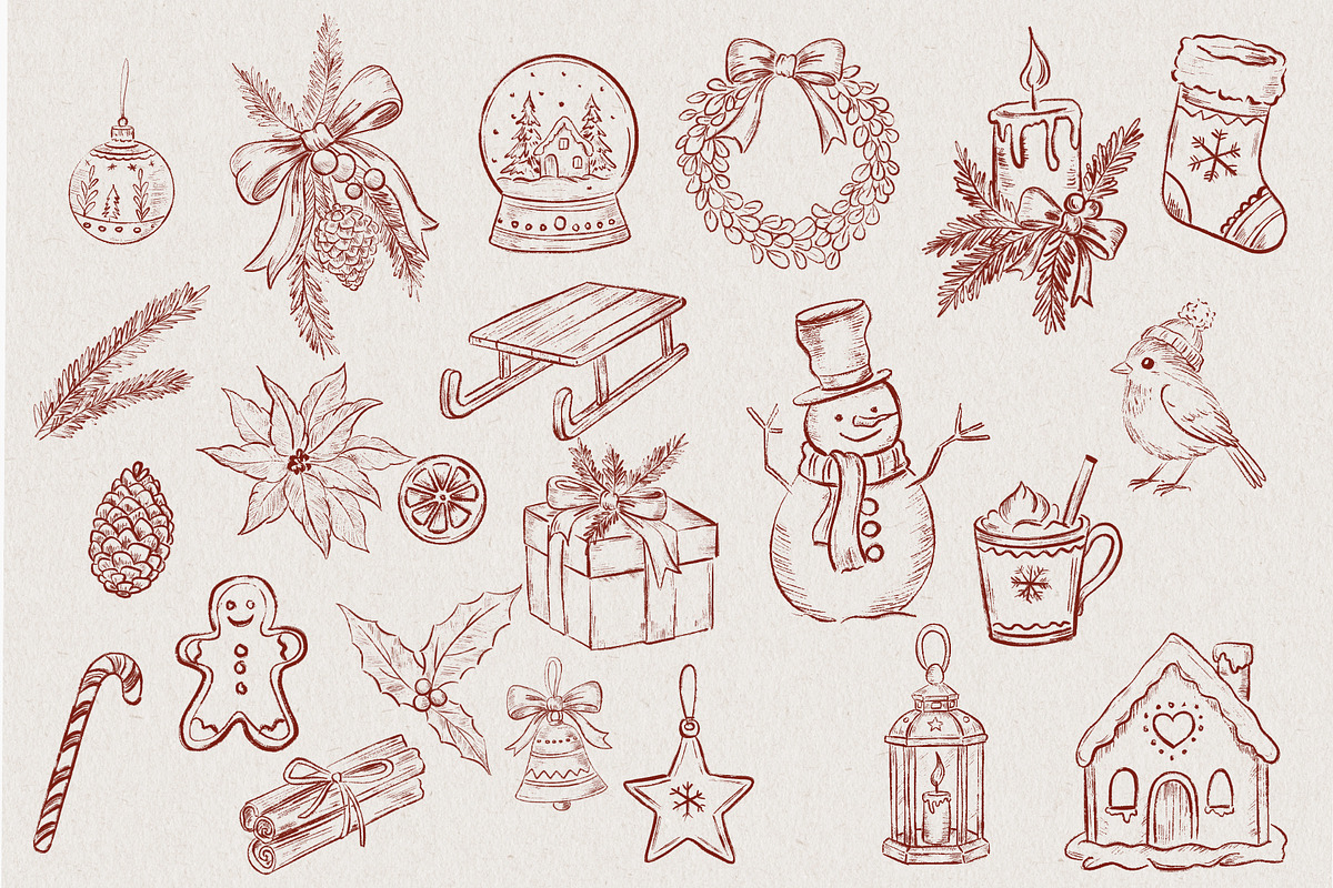 Burgundy Vintage Christmas Line Art, a Decorative Illustration by AlenaVlasko stock Market (Photo 6 of 7)