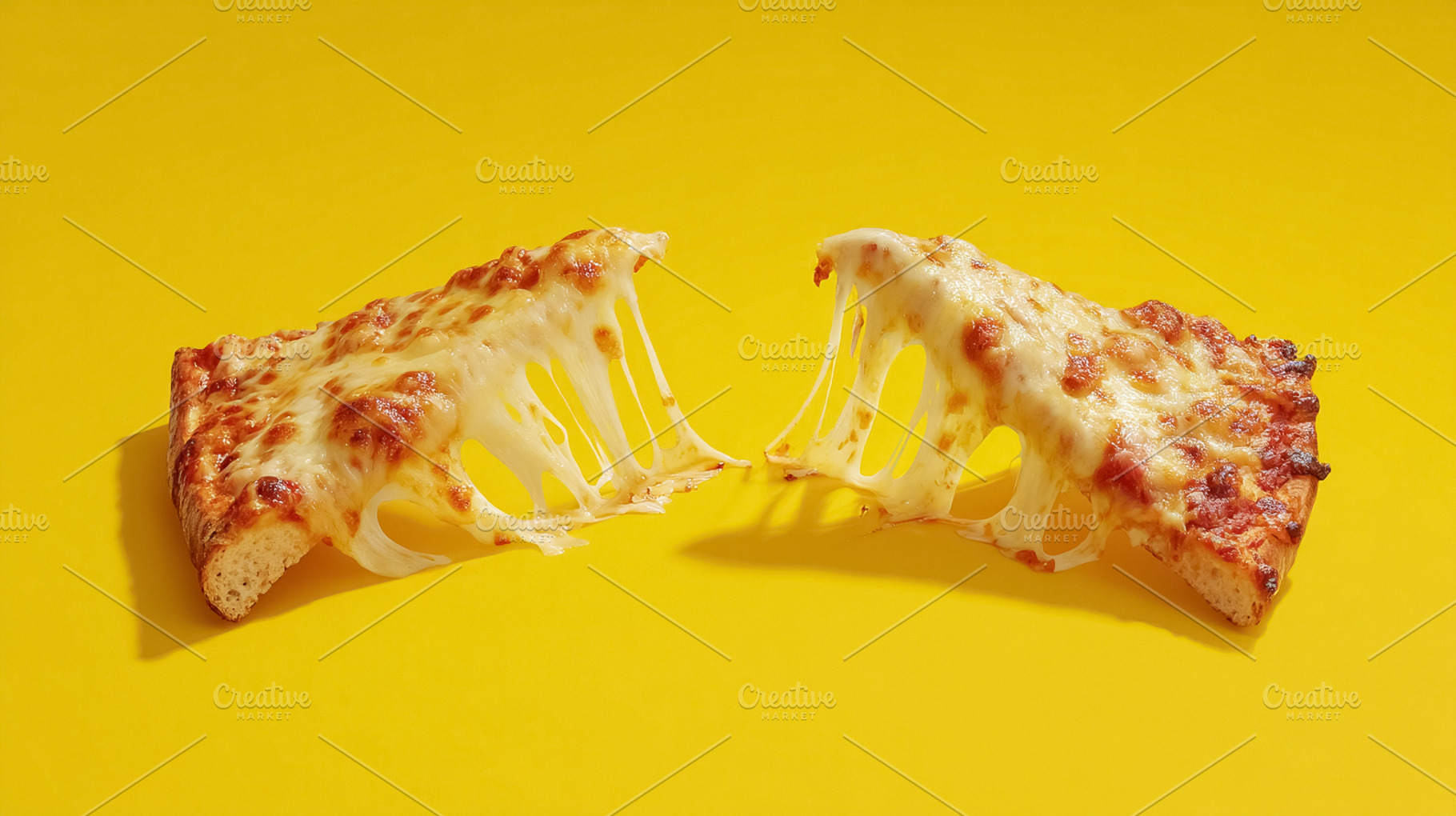 Pulling two slices of hot cheese pizza apart, showcasing the goo, a Photo by Studio ANNA