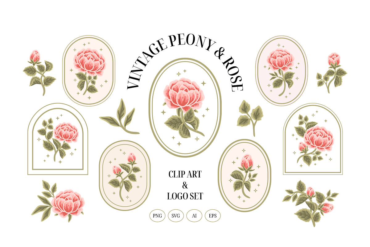 Vintage Peony & Rose Logo Set, an Object Graphic by Artflorara (Photo 2 of 9)