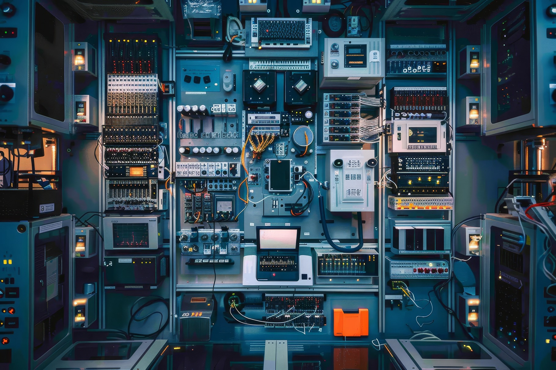 A complex array of control panels, m, a Photo by Tanuart | Creative Market