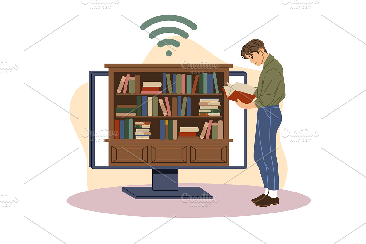 Online library. Student reads book, an Education Illustration by YummyBuum