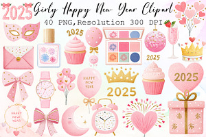 Girly Happy New Year Clipart, an Illustration by Sublimation Artist
