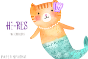 Watercolor Cat Mermaid Clipart, an Illustration by PaperSphinx (Thumbnail 2 of 2)
