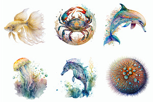 Watercolor Illustration Set Of Sea