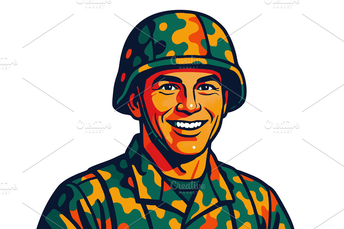 Smiling male soldier in camouflage, an Illustration by AlexArt