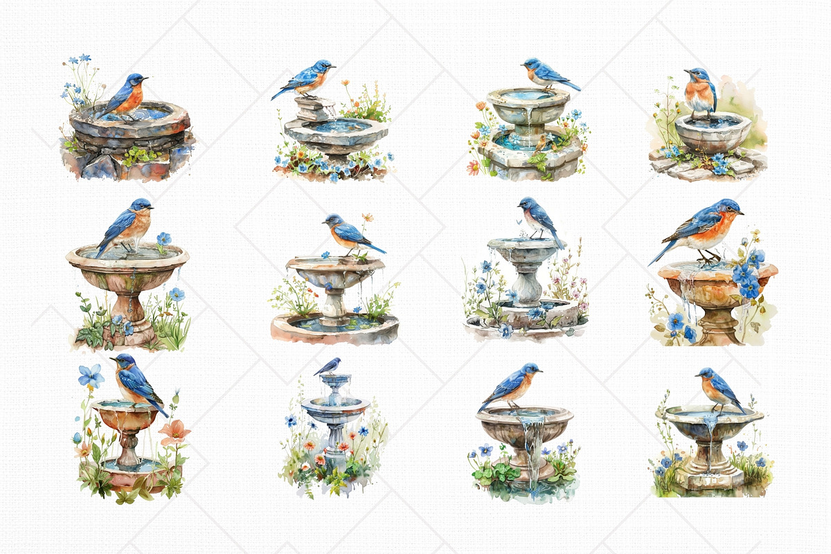 Birds on Water Fountain Clipart Set, an Animal Illustration by The Twin Lakes Studio (Photo 6 of 9)