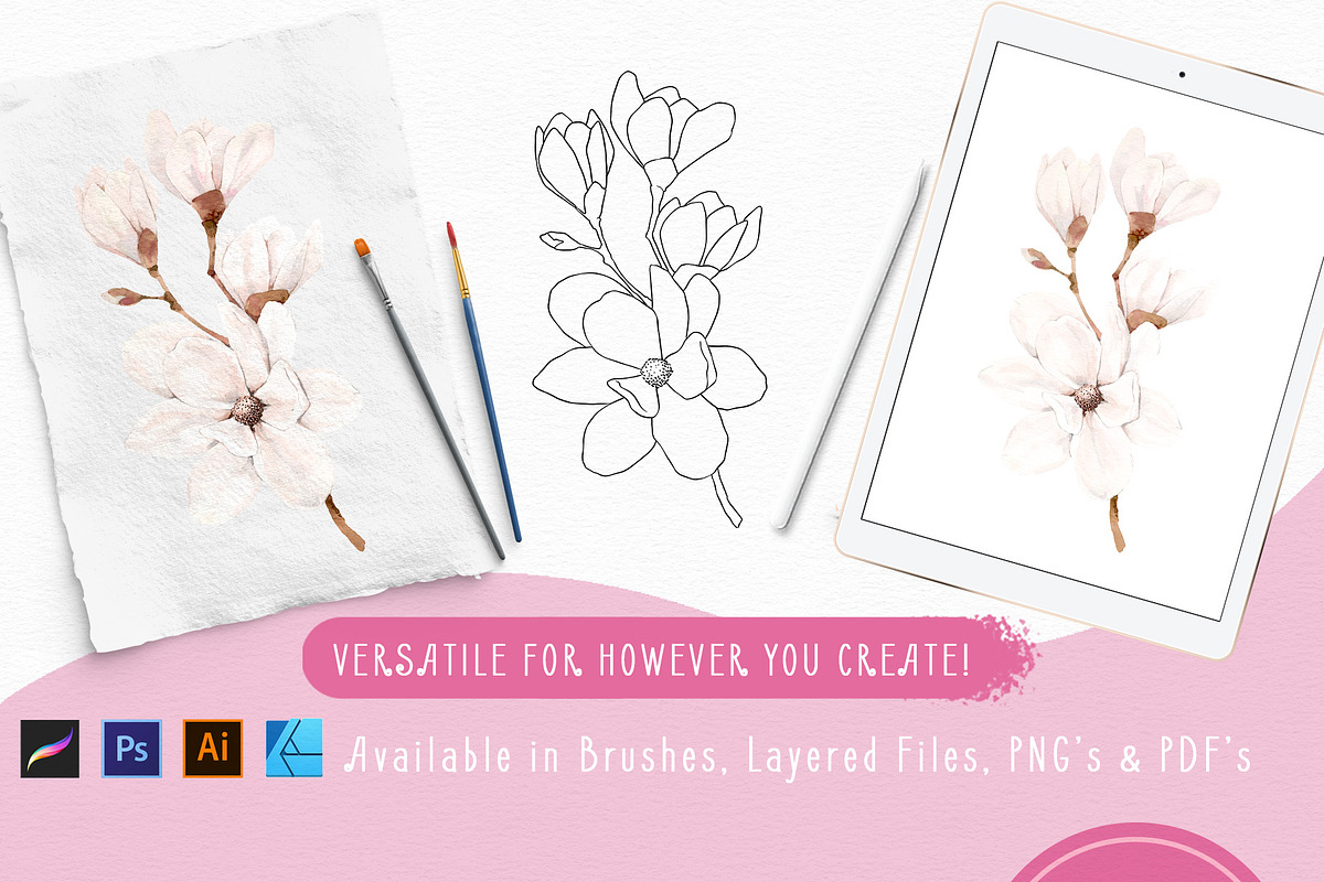 Procreate Flower & Leaf Brush Box, a Brush Add-On by Pretty Little Lines