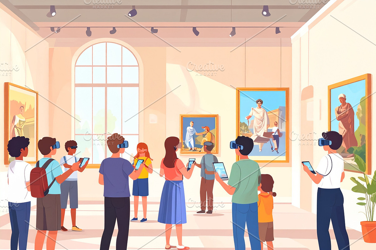 Crowd using AR-enabled devices to view digital historical overla, an Illustration by DanFLCreativo