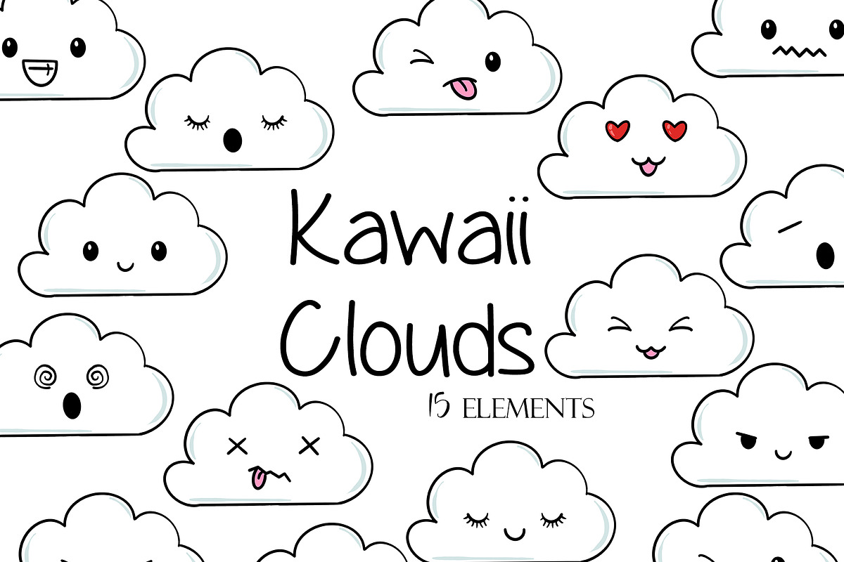 Kawaii Clouds Clipart, an Object Illustration by Old Grove Designs (Photo 1 of 2)