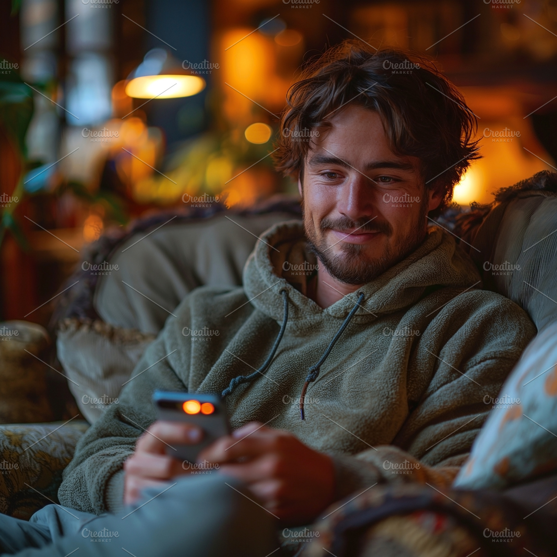 A young Caucasian man relaxes on a cozy sofa, smiling at his phone in a warmly, a Person Photo by ImageMir