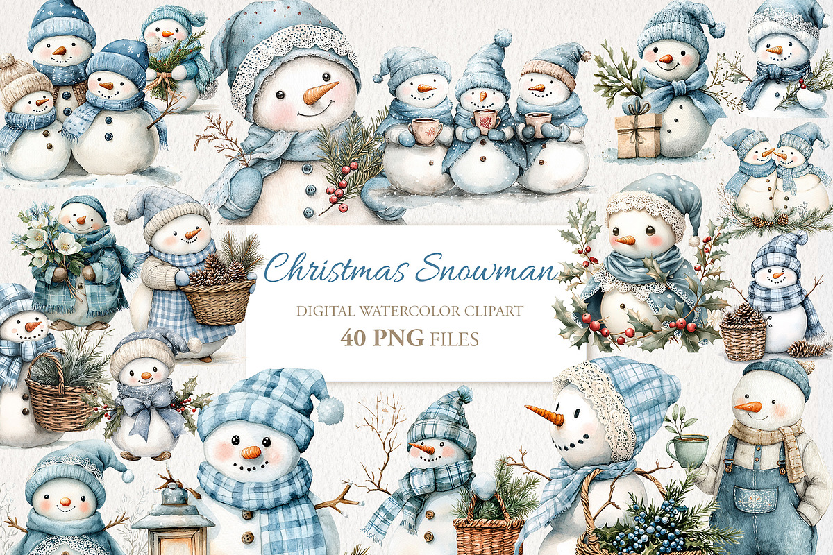Blue Snowman Clipart 40 PNG, a Seasonal Illustration by EleSArtDesign (Photo 1 of 4)