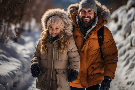 Father and Daughter Enjoying a Fun Winter Day Outdoors in Snowy Landscape, a Photo by AS photostudio