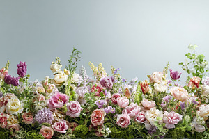 Vibrant spring floral border creating a pastel botanical backgro, a Photo by Studio ANNA