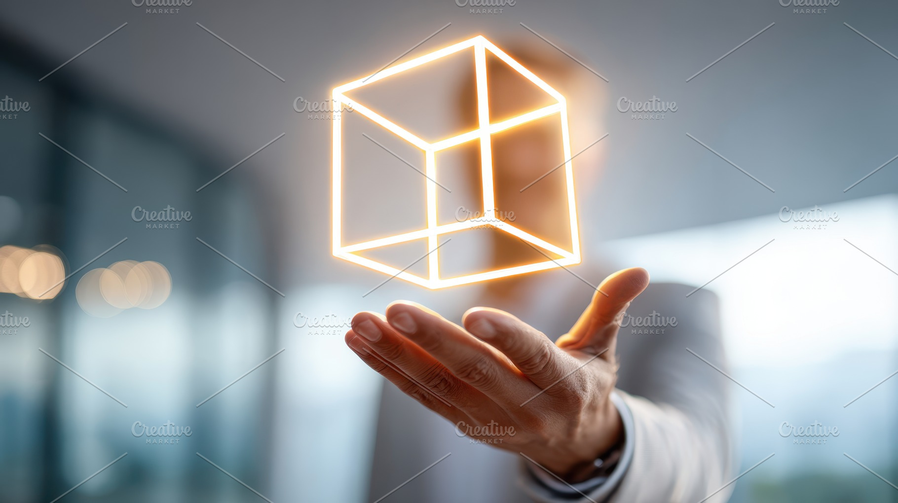 Person holding a glowing 3D cube in hand, a Business Photo by AlyaAnd