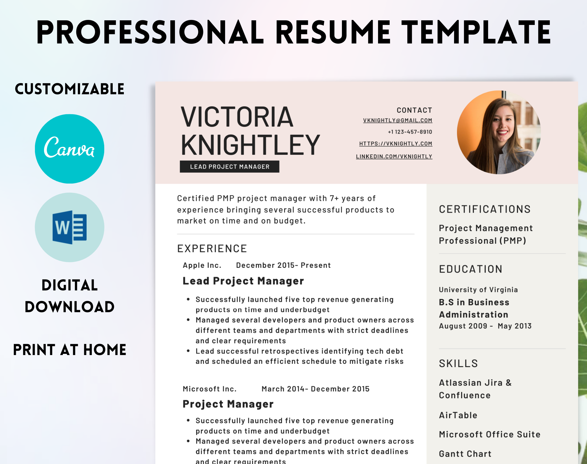 Resume CV Template for Word & Canva, a Resume Template by Minva Themes