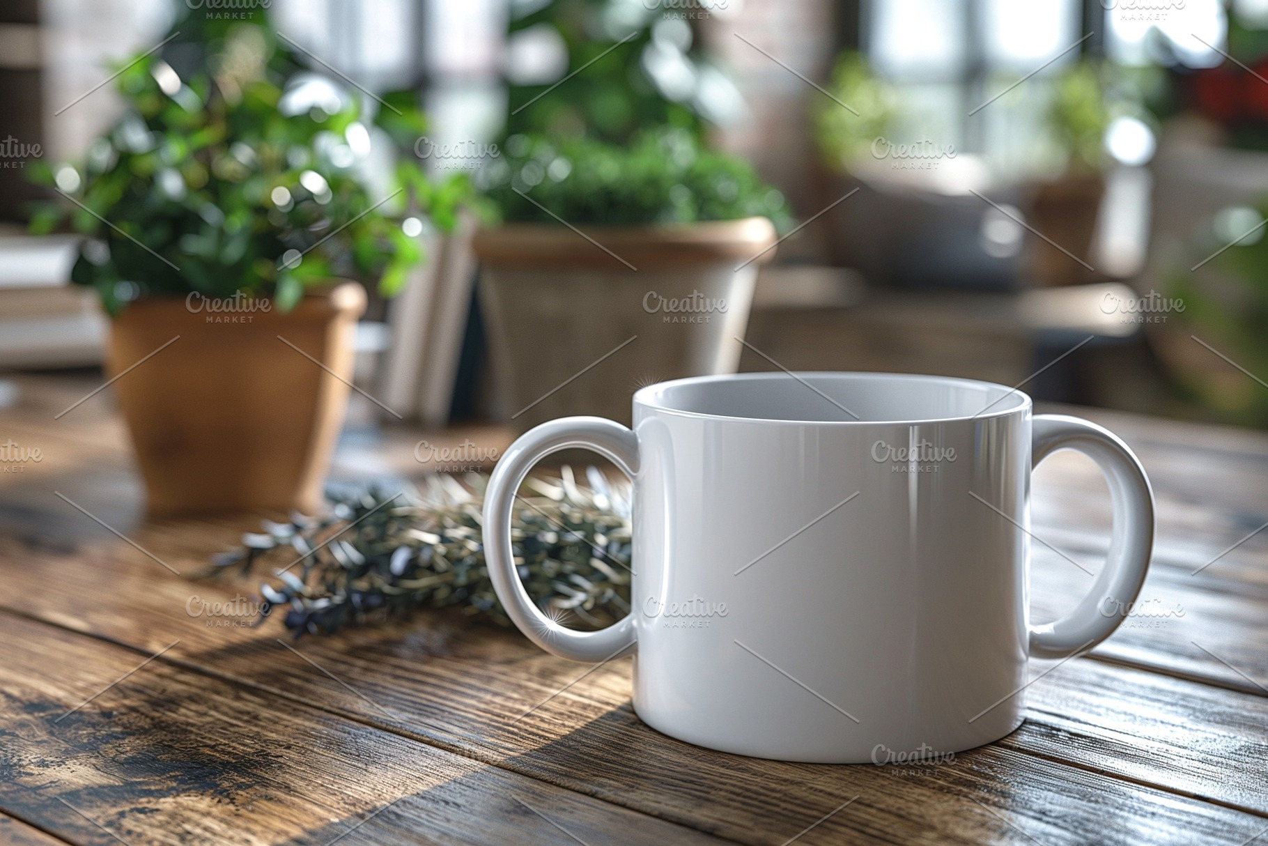 A serene, empty white mug sits on a rustic wooden table, surrounded by vibrant, a Business Photo by ImageMir