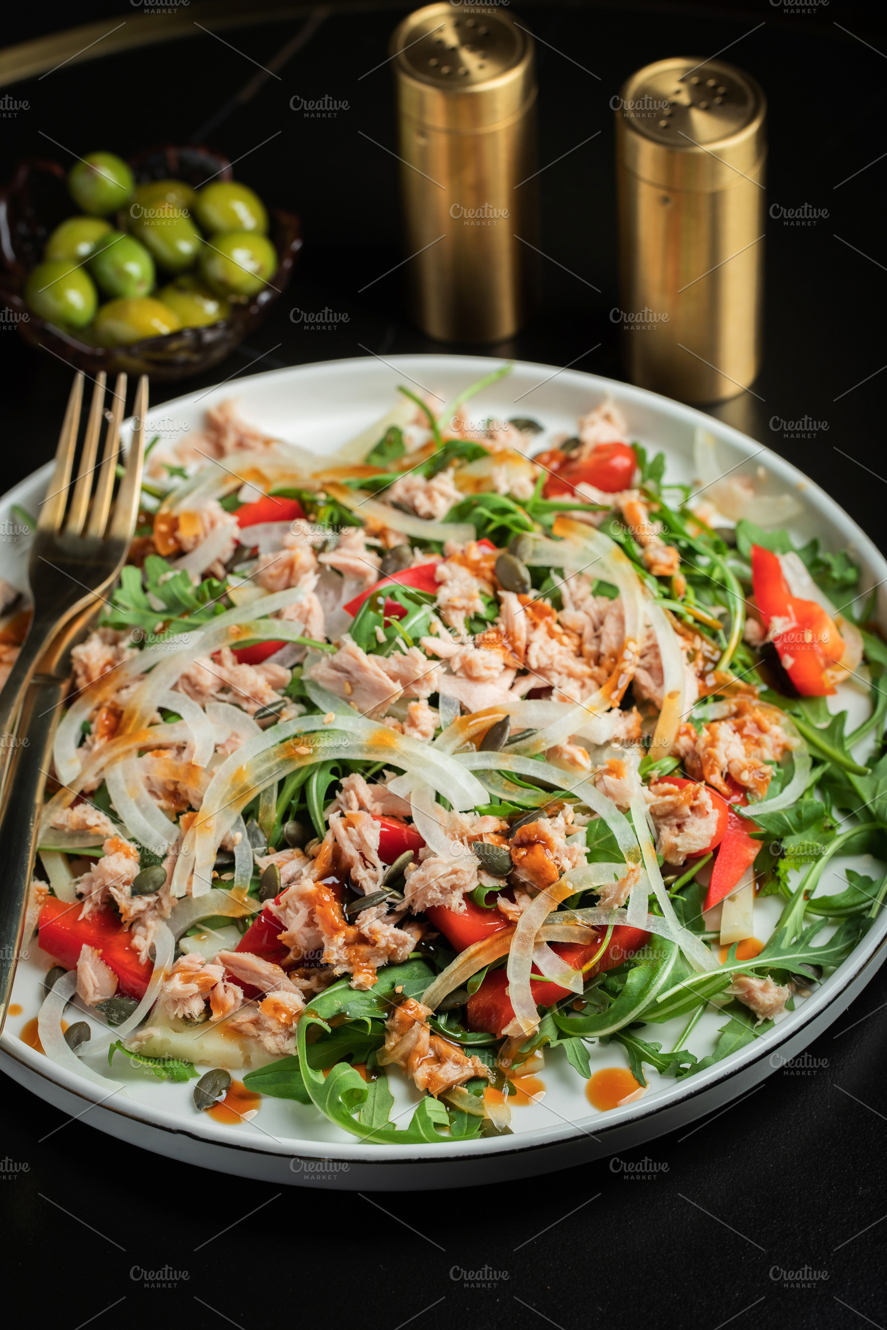 Fresh Tuna Salad with Onions and Cherry Tomatoes. Italian Mediterranean Cuisine, a Food & Drink Photo by Budarinphoto