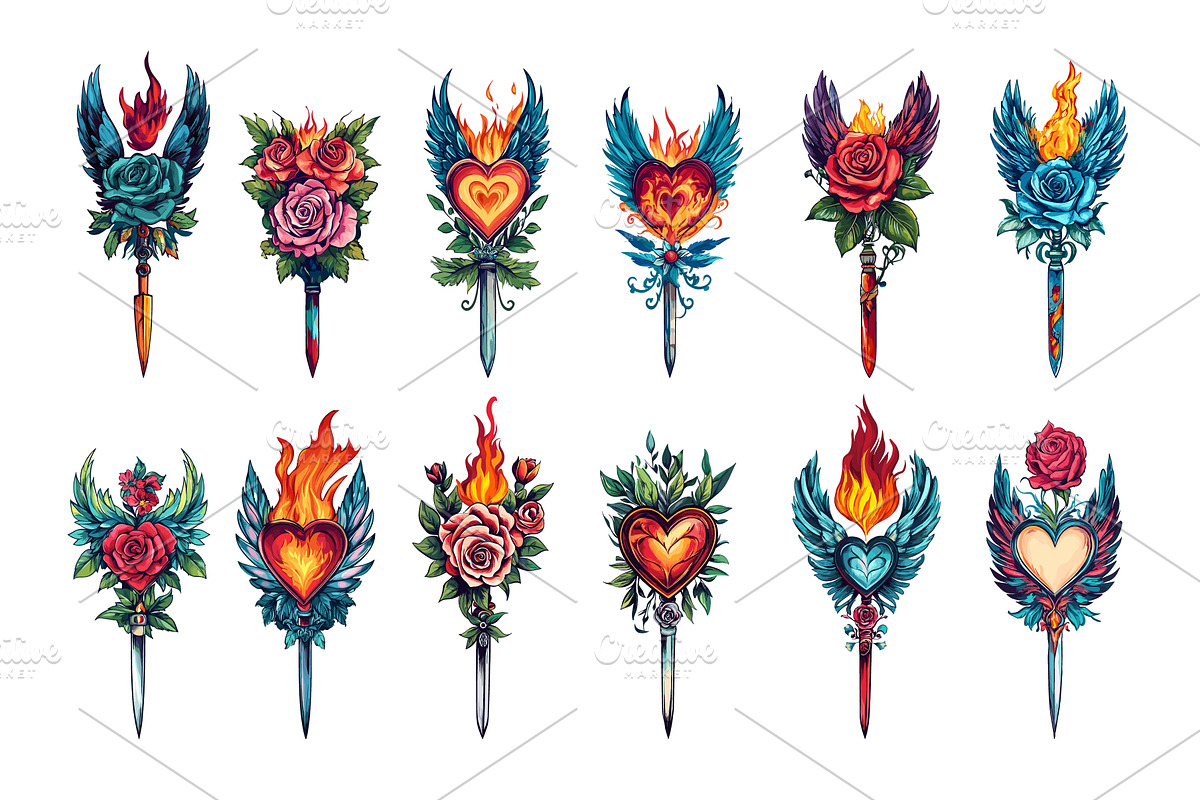 Cartoon flash tattoo concepts. Rose, an Object Illustration by Stock-Smart-Start