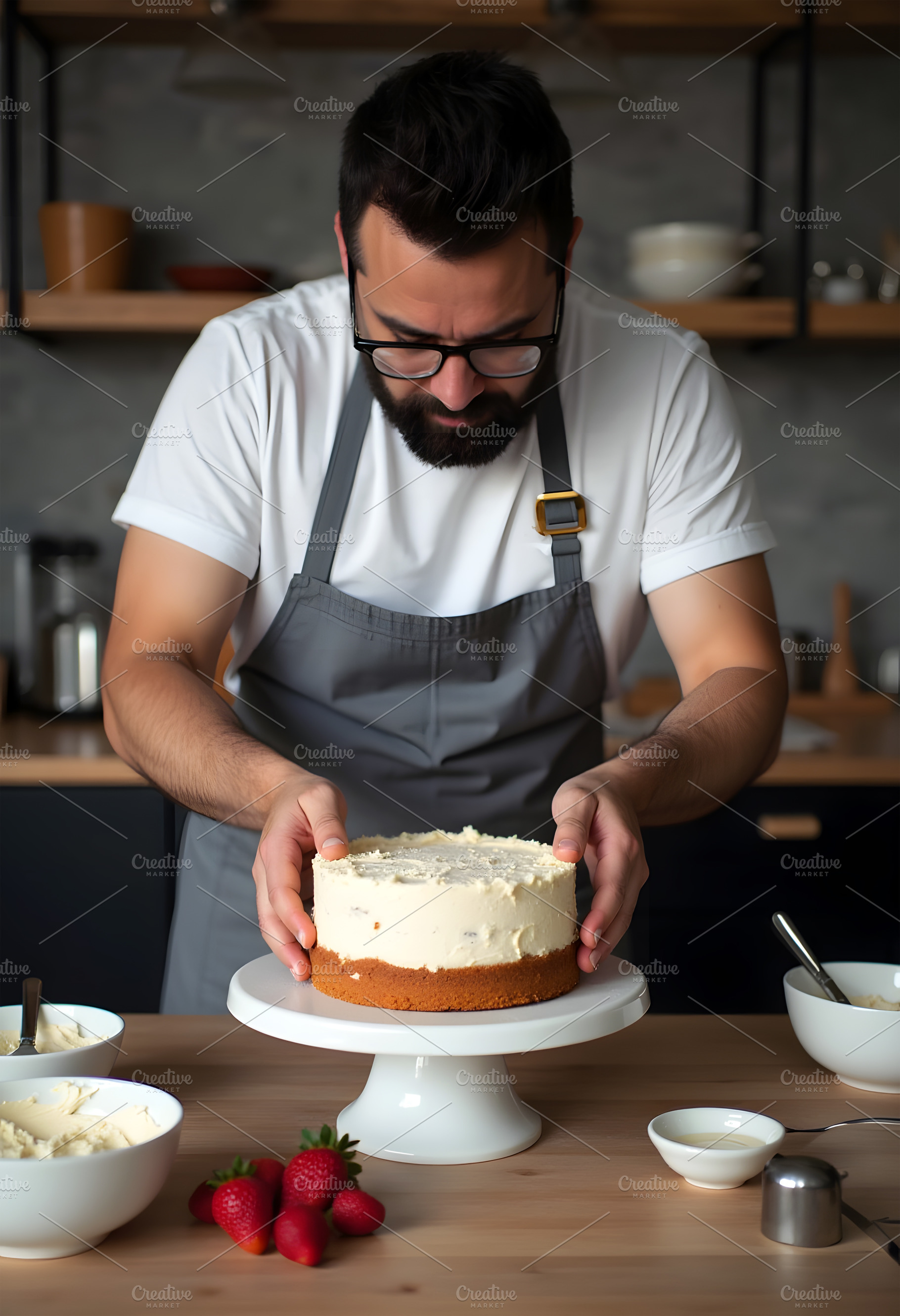 Man Prepares Cheesecake in Kitchen, a Food & Drink Photo by Stock Shape