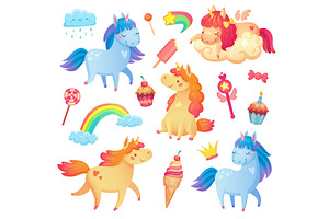 Set Of Cute Cartoon Unicorns In