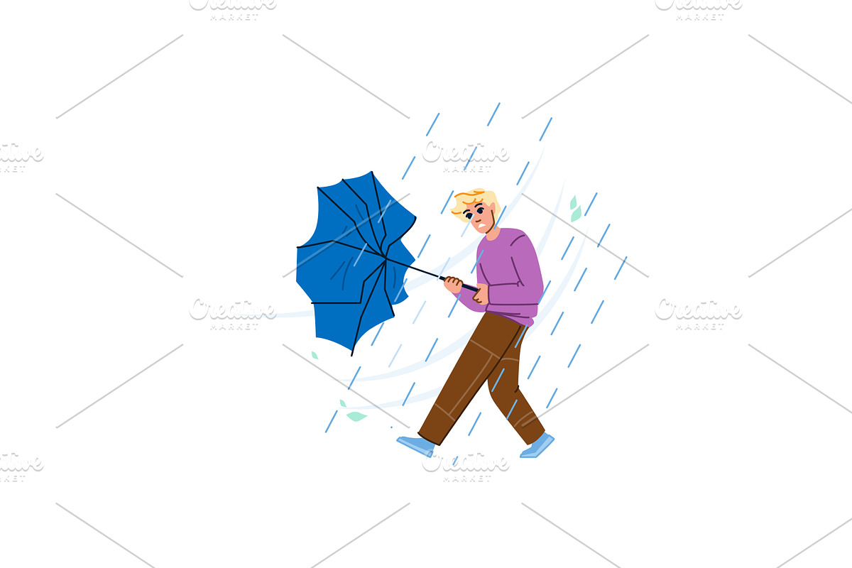Man walking with broken umbrella in, an Illustration by pikepicture