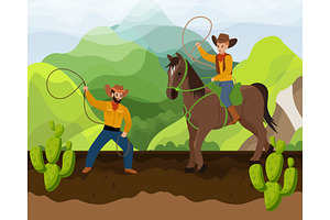 Two Cowboys With Horse On Ranch Of