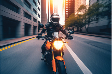 Motorcycle speeding city. Generate, a Sports & Recreation Photo by Ylivdesign