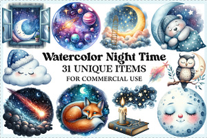 Watercolor Night Time Clipart, an Illustration by Craft Nest