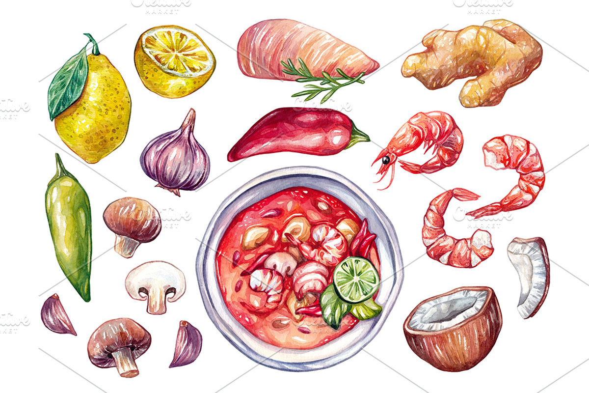 Tom Yum Soup + Ingredients, a Food Illustration by Olga Olmix (Photo 4 of 5)