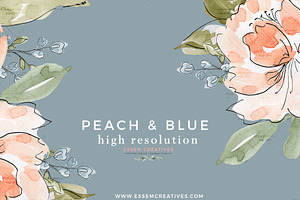 Peach & Blue Watercolor Flowers PNG