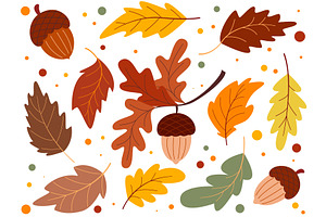 Hand drawn set of acorns and leaves, a Food Illustration by Tati_Kli