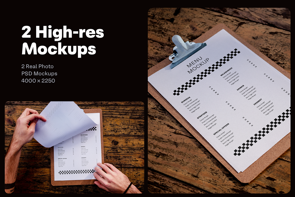 2 Realistic Clipboard Menu Mockups, a Product Mockup by rodrigofkaminski (Photo 1 of 3)
