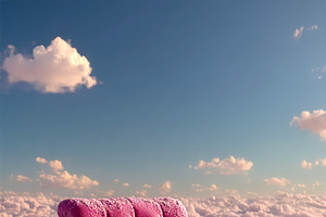 Pink armchair covered in frost sitting on a floating stone platf, a Decorative Illustration by José Manuel Gelpi