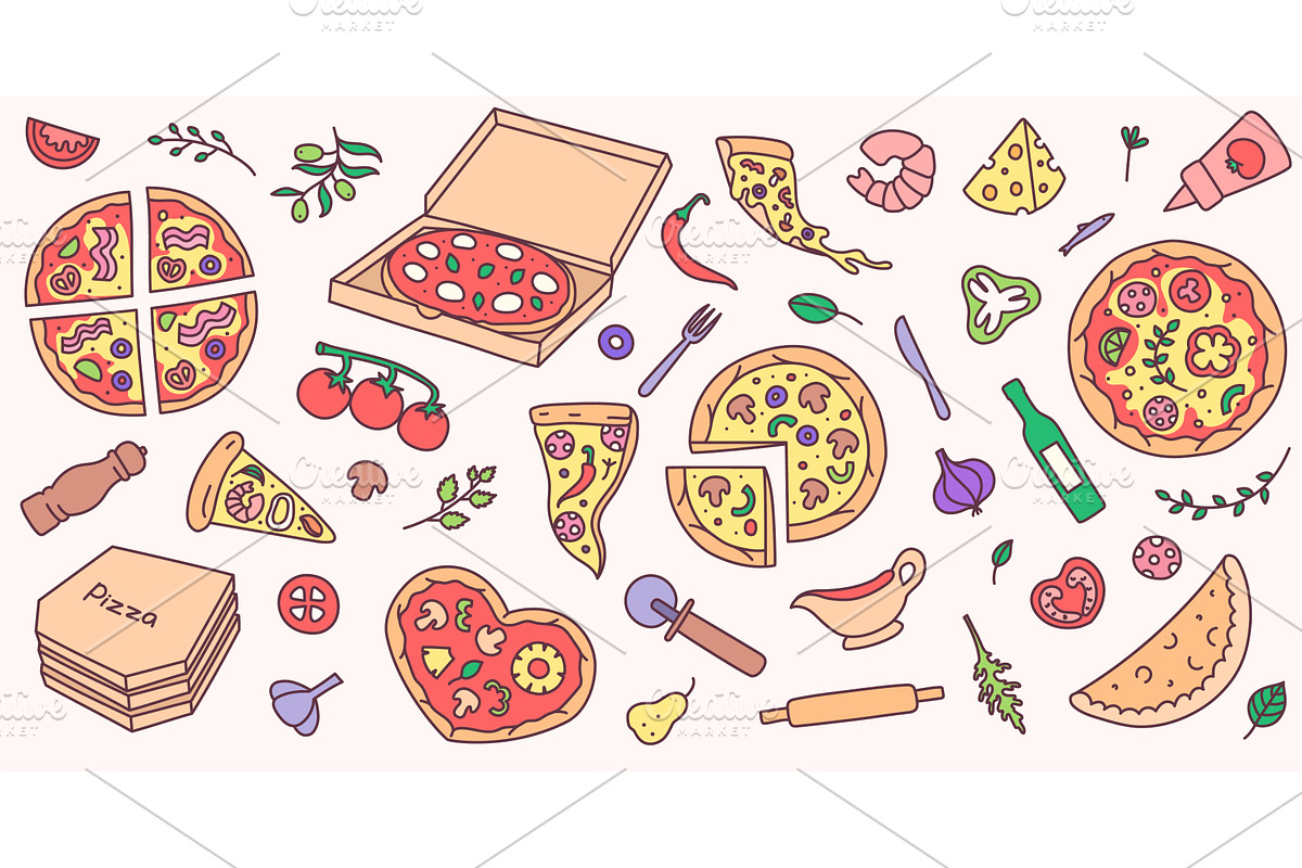 Hand drawn pizza. Italian calzone, a Food Illustration by winwin.art