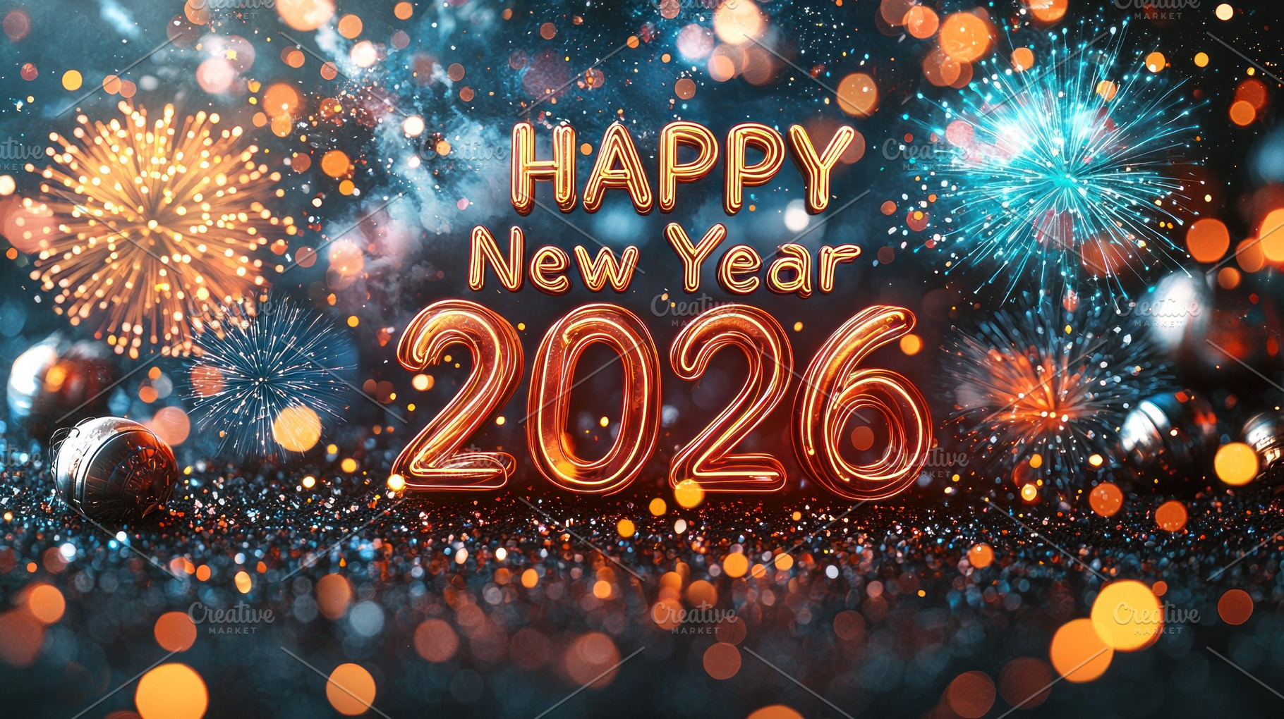 Festive happy new year 2026 greeting with glowing text fireworks, a Background Photo by José Manuel Gelpi