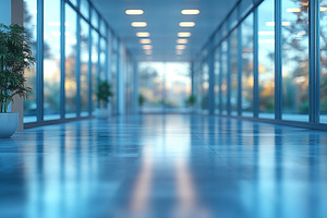 Modern business corridor with glass walls and natural lighting, an Architecture Photo by AlyaAnd