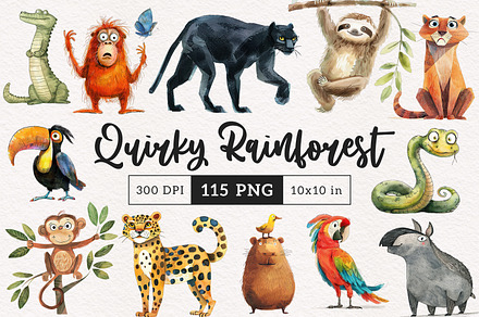 Quirky Rainforest Animals, an Animal Illustration by PaintPixelCo