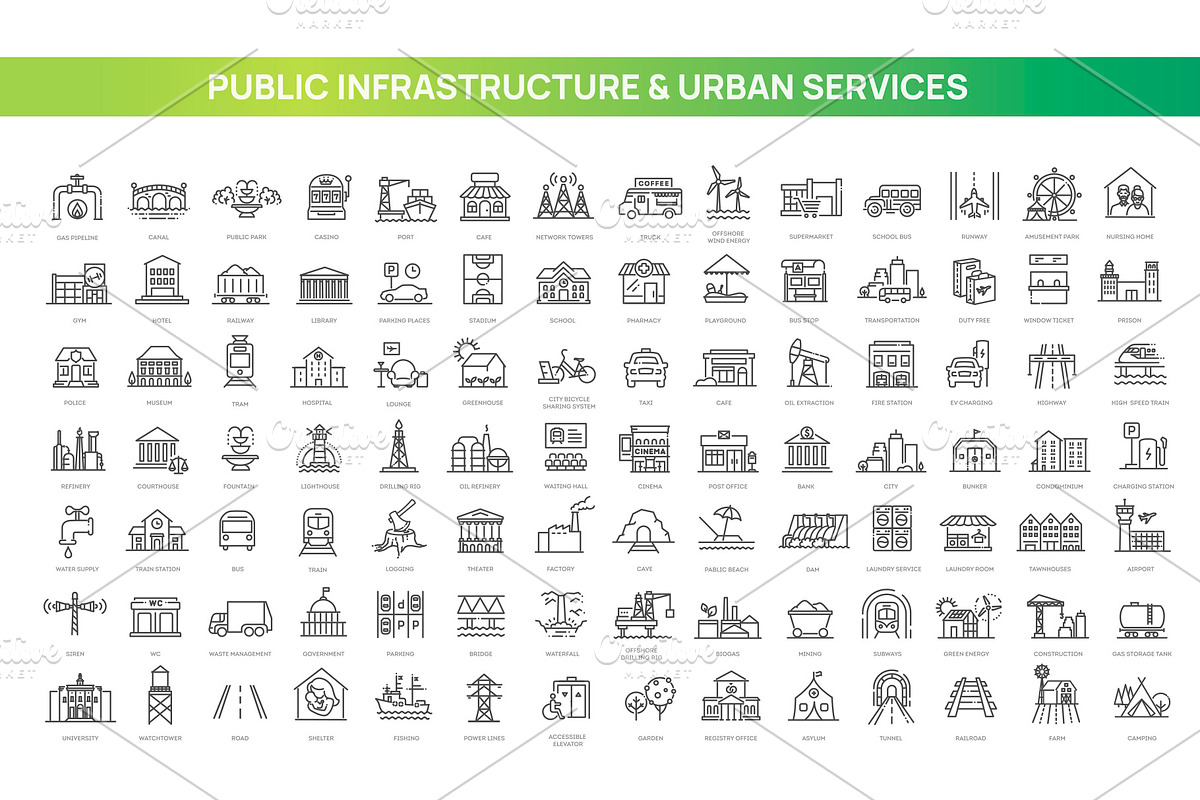 Public Infrastructure Line Icons Set, an Outline Icon by Tettygreen (Photo 1 of 2)