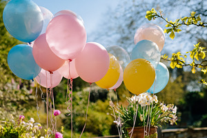 Colorful birthday celebration balloons floating outdoors in a sp, a Photo by Studio ANNA