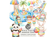 Pool Party, Summer Party Watercolor, an Illustration by CharmClipart (Thumbnail 1 of 10)