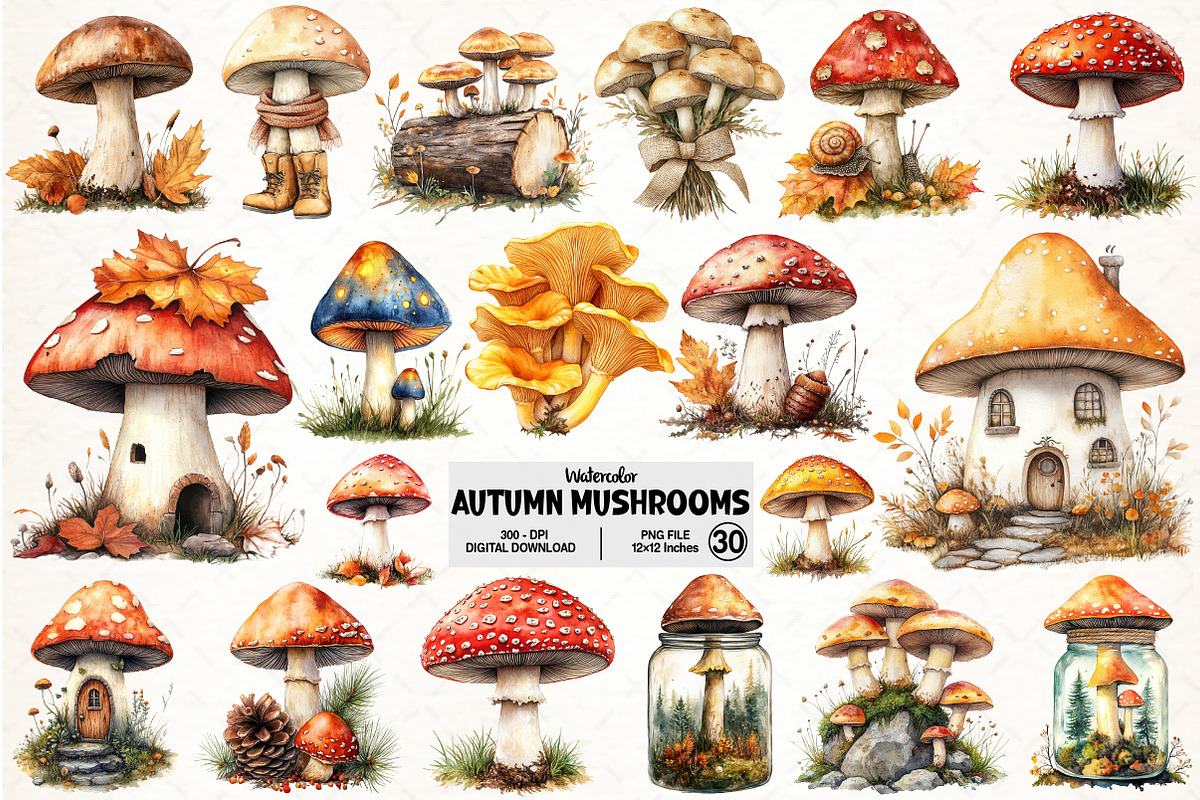 Autumn Mushrooms Clipart Bundle, an Illustration by Pixels.Craft (Photo 1 of 7)