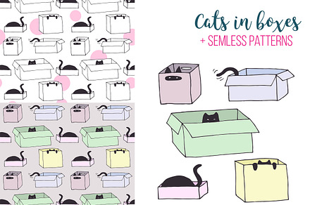 Cute cats in boxes - vector patterns